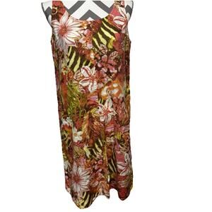 J Jill Love Linen Floral Sunset Reef Dress Size Small Shift Pull-over Pockets
